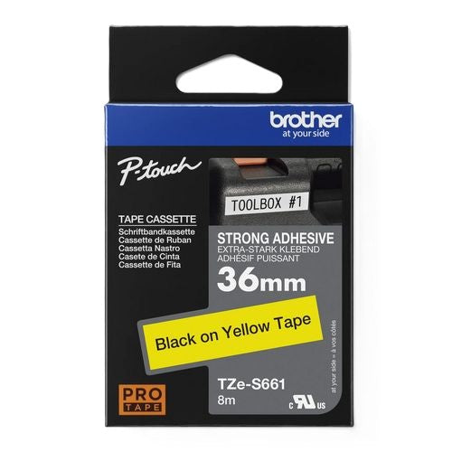 Brother TZeS661 (36mm x 8M) Strong Adhesive Laminated Tape - Black on Yellow TZe-S661 特強黏貼 已過膠標籤帶 (覆膜/護貝) 黃底黑字