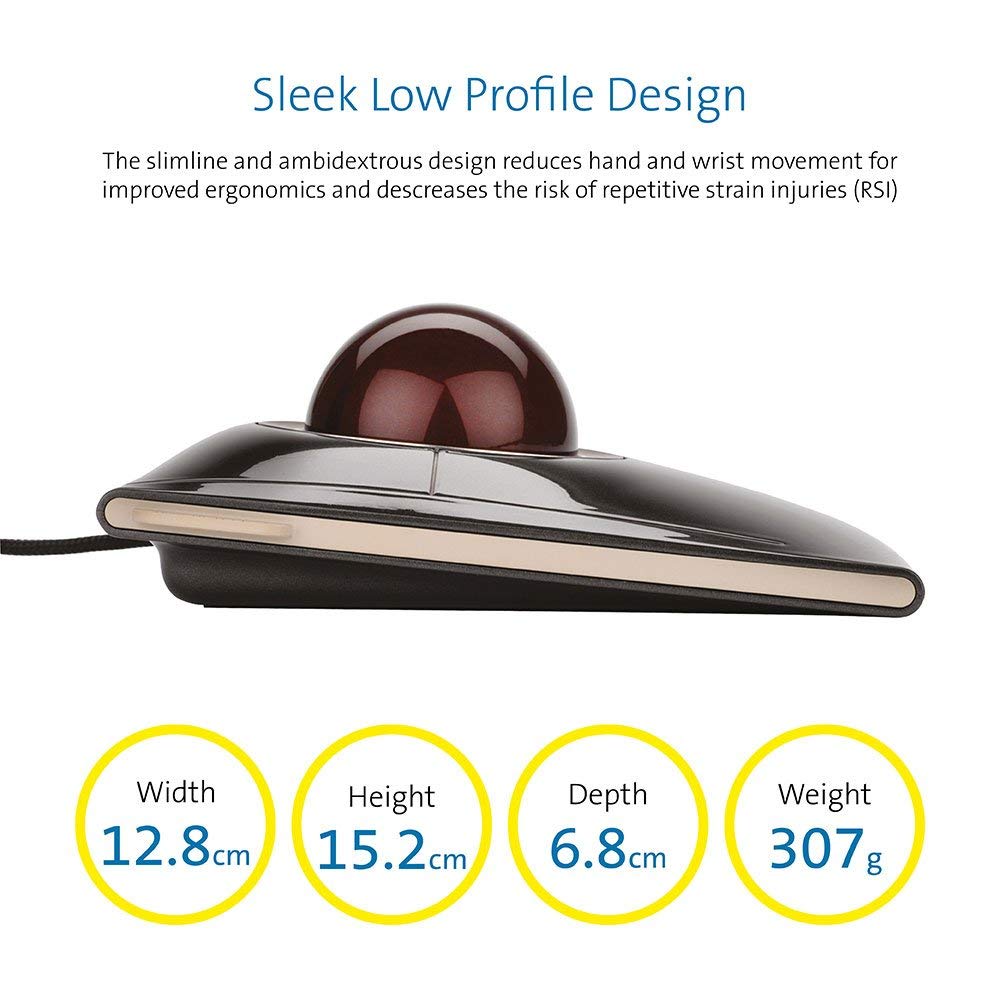 Kensington K72327 SlimBlade - Wired Ergonomic TrackBall Mouse for PC, Mac and Windows with Scroll Ring, Ambidextrous Design and Optical Tracking - Red