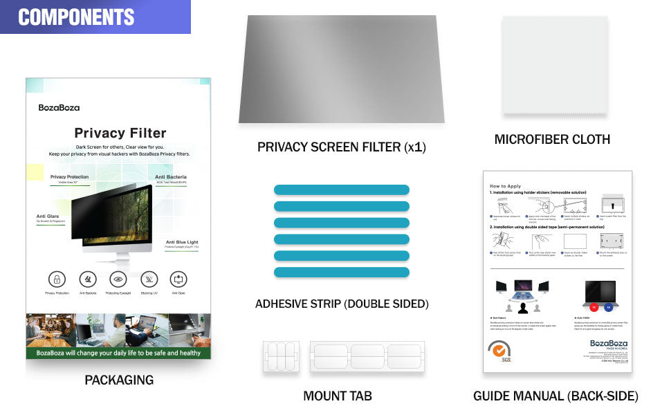 BOZABOZA PB13.3W-A (294 x 166mm) 13.3W9 Privacy Screen Filter with 81% Blue light cut | Anti-UV | 99.9% Anti-Bacteria | Anti-Glare for 13.3" Laptops (16:9) 螢幕防窺片[抗藍光/抗菌/韓國製]