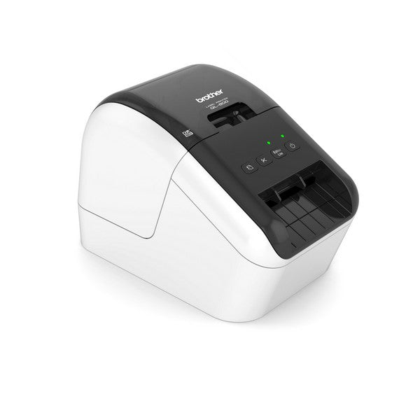 A Brother label printer in a black and white color scheme, shown from a three-quarters perspective on a clean white background.