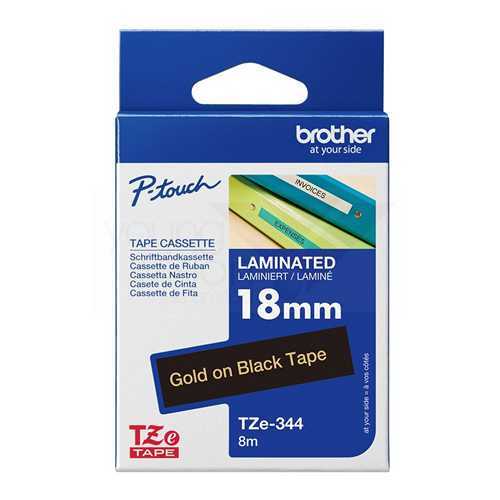 Brother TZe344 (18mm x 8M) Gold on Black Laminated Tape TZe-344 黑底金字 標籤帶(已過膠/覆膜/護貝)