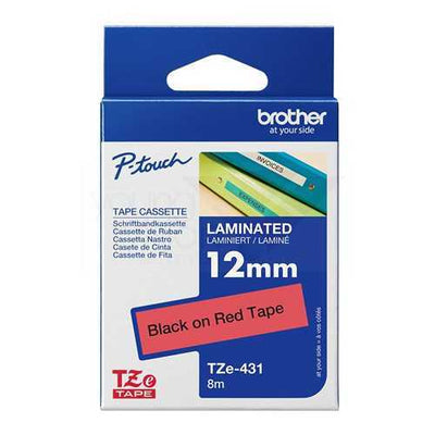 Brother TZe431 (12mm x 8M) Black on Red Laminated Tape TZe-431 紅底黑字 標籤帶(已過膠/覆膜/護貝) - Young Vision (HK) Limited