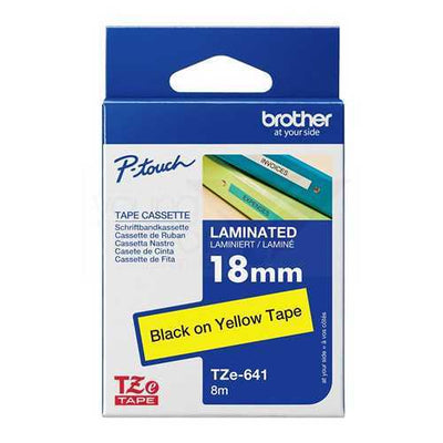Brother TZe641 (18mm x 8M) Black on Yellow Laminated Tape TZe-641 黃底黑字 標籤帶(已過膠/覆膜/護貝) - Young Vision (HK) Limited