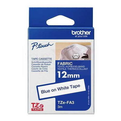 Brother TZeFA3 (12mm x 3M) Blue on White Iron-On Fabric Tape TZe-FA3 白布藍字 布質熨印標籤帶 - Young Vision (HK) Limited
