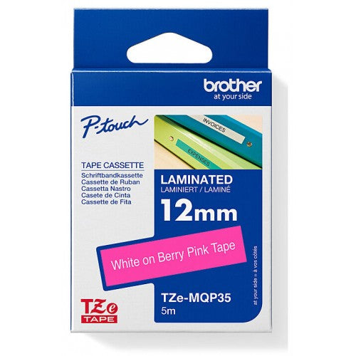 Brother TZeMQP35 (12mm x 5M) White on Matt Pink Laminated Tape TZe-MQP35 磨砂粉紅底白字 標籤帶(已過膠/覆膜/護貝)